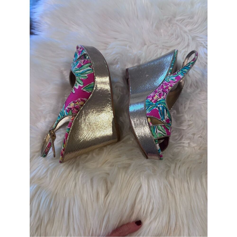 Lilly Pulitzer Pink & Green Floral Slingback Wedge Sandals - Picture 6 of 8